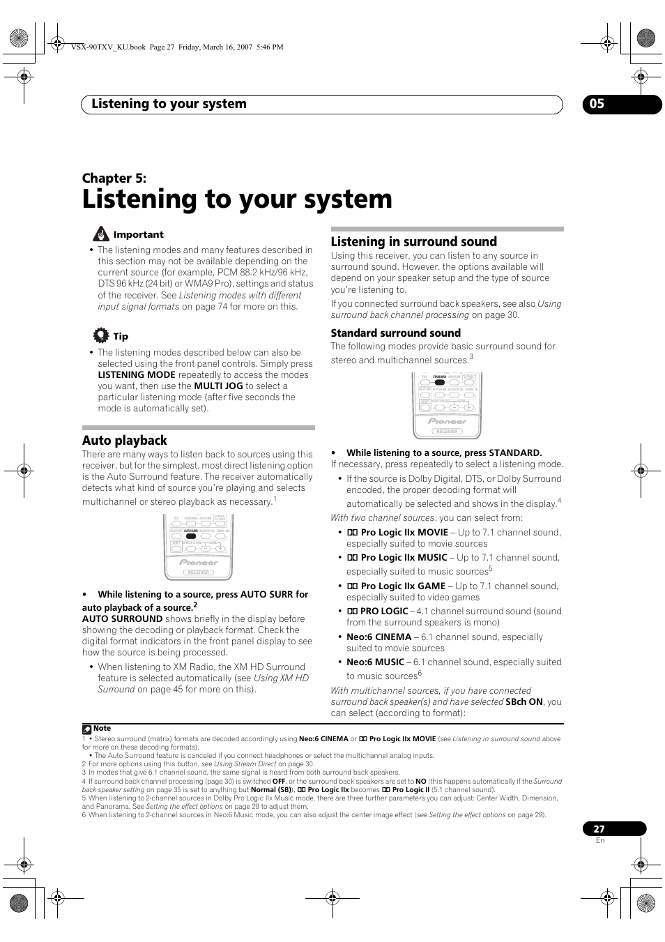 05 listening to your system, Auto playback listening in surround sound, Standard surround sound | Listening to your system, Listening to your system 05, Chapter 5, Auto playback, Listening in surround sound | Pioneer Elite VSX-90TXV User Manual | Page 27 / 78