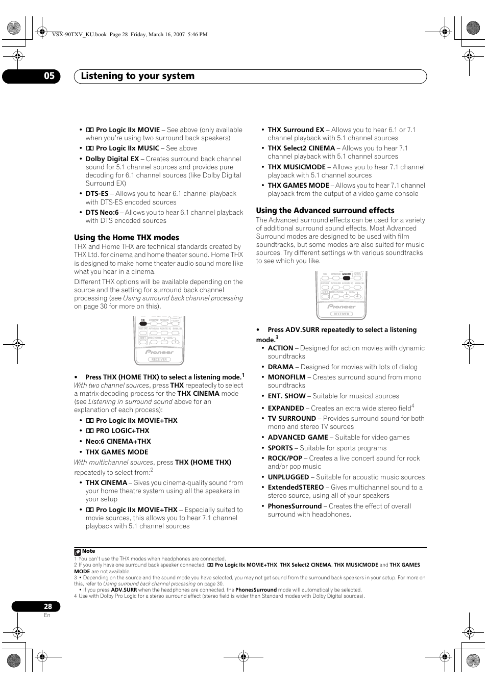 Listening to your system 05, Using the home thx modes, Using the advanced surround effects | Pioneer Elite VSX-90TXV User Manual | Page 28 / 78