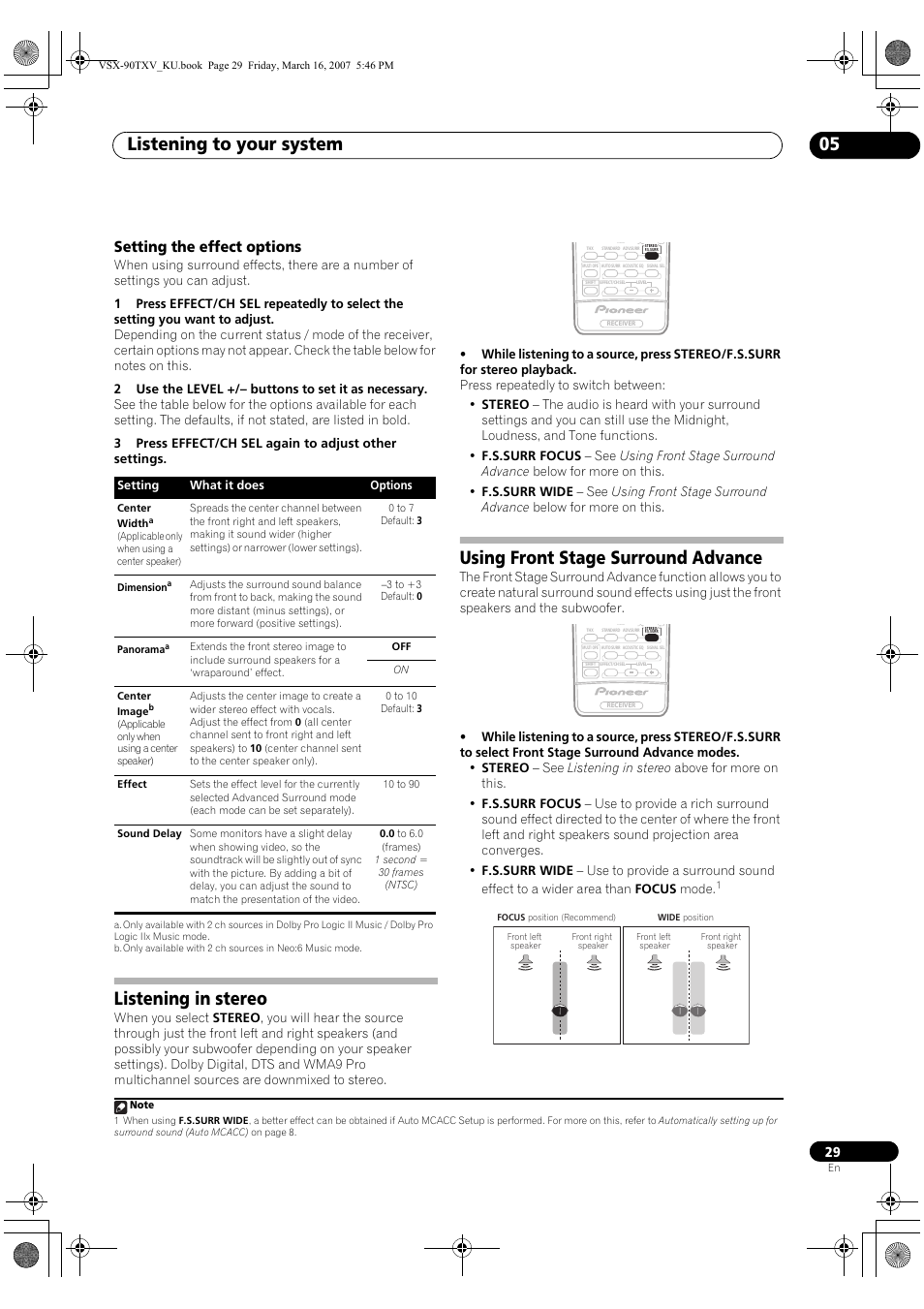 Setting the effect options, Listening to your system 05, Listening in stereo | Using front stage surround advance | Pioneer Elite VSX-90TXV User Manual | Page 29 / 78