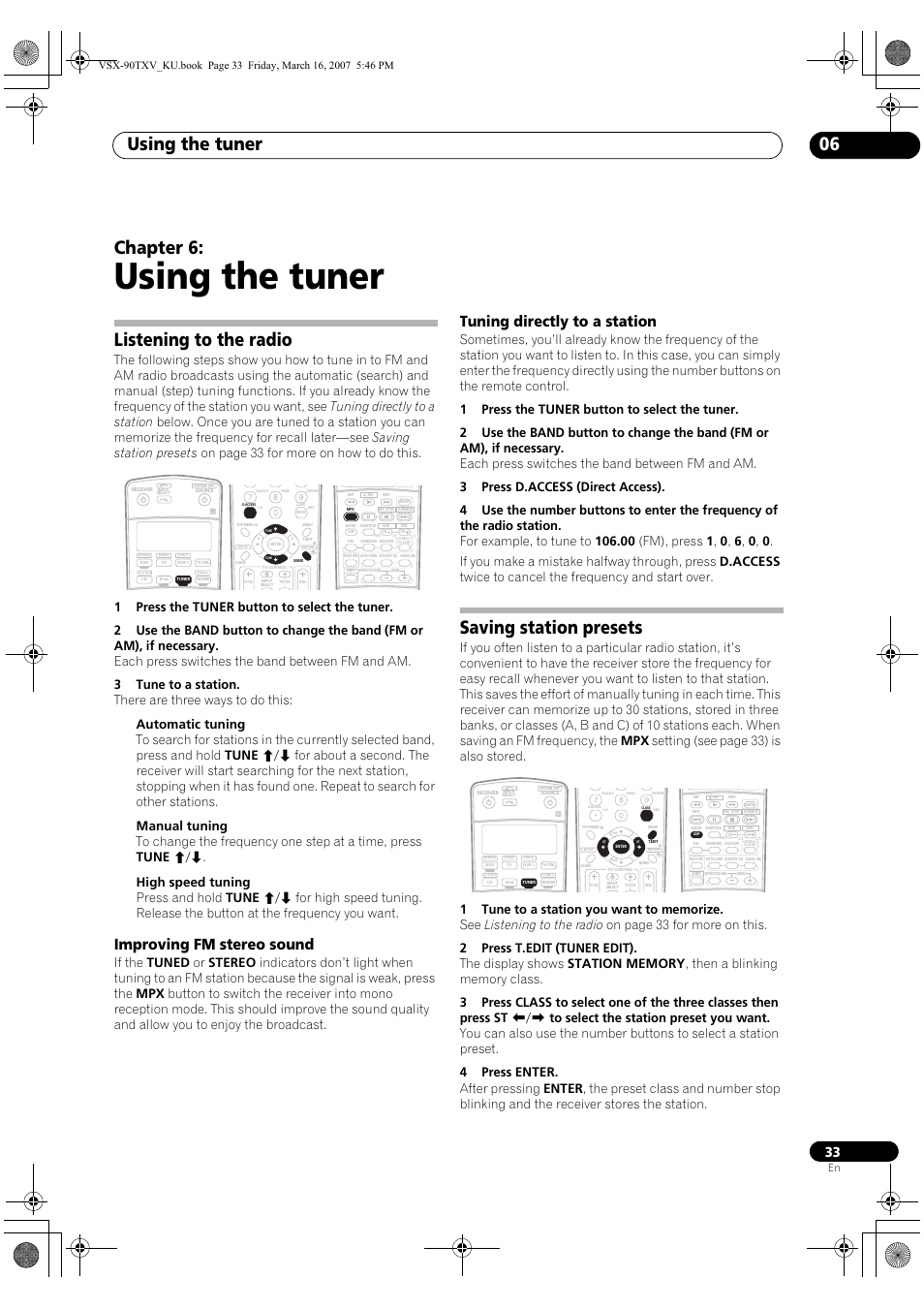 06 using the tuner, Listening to the radio, Saving station presets | Using the tuner, Using the tuner 06, Chapter 6, Improving fm stereo sound, Tuning directly to a station | Pioneer Elite VSX-90TXV User Manual | Page 33 / 78