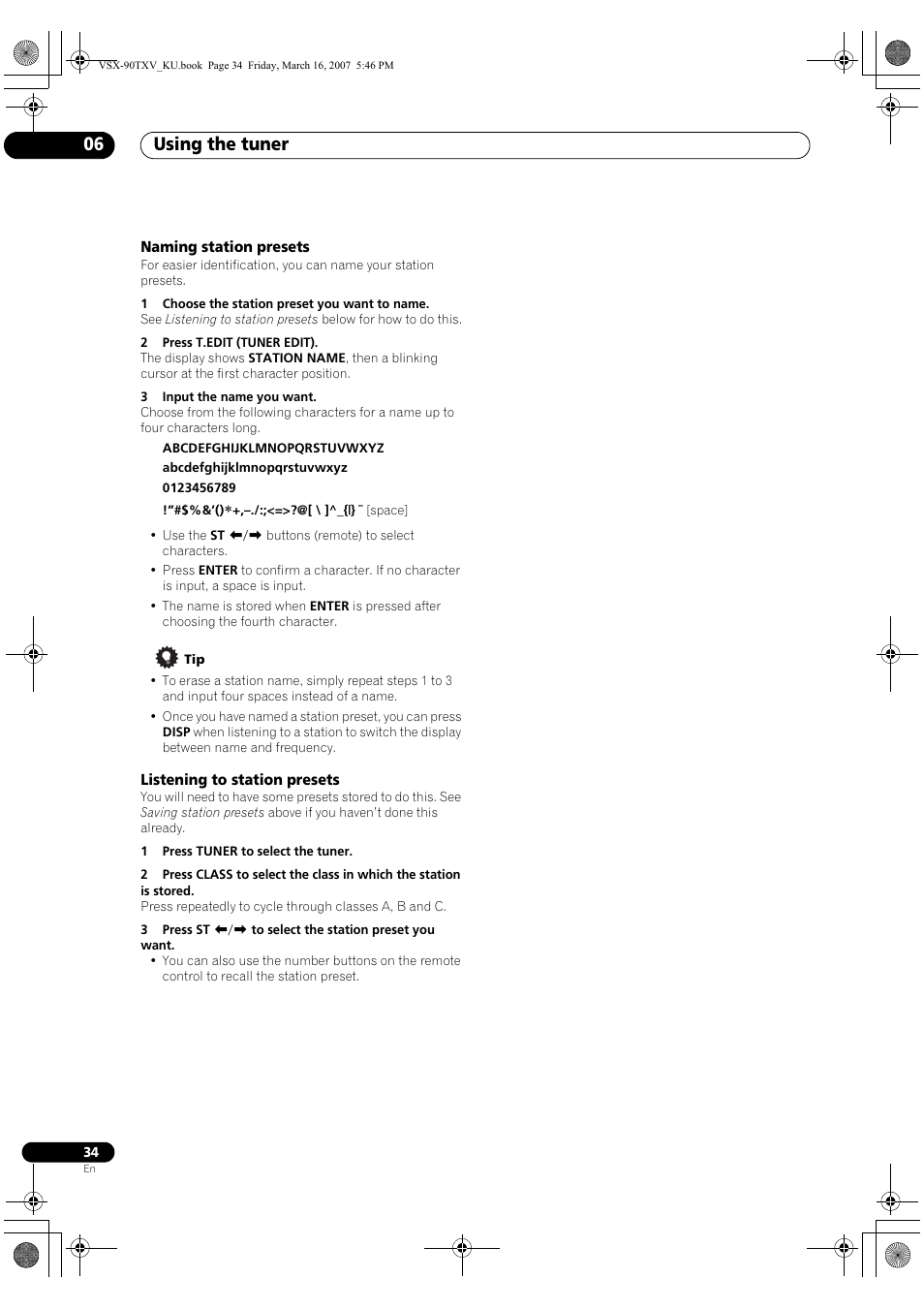 Using the tuner 06 | Pioneer Elite VSX-90TXV User Manual | Page 34 / 78