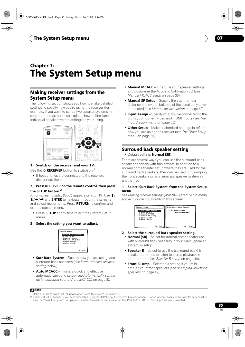 07 the system setup menu, The system setup menu, The system setup menu 07 | Chapter 7, Surround back speaker setting | Pioneer Elite VSX-90TXV User Manual | Page 35 / 78