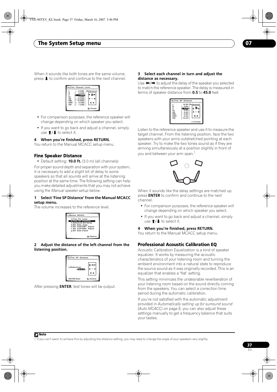 The system setup menu 07, Fine speaker distance, Professional acoustic calibration eq | Pioneer Elite VSX-90TXV User Manual | Page 37 / 78