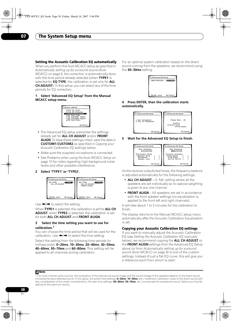 The system setup menu 07, Setting the acoustic calibration eq automatically, Copying your acoustic calibration eq settings | Pioneer Elite VSX-90TXV User Manual | Page 38 / 78