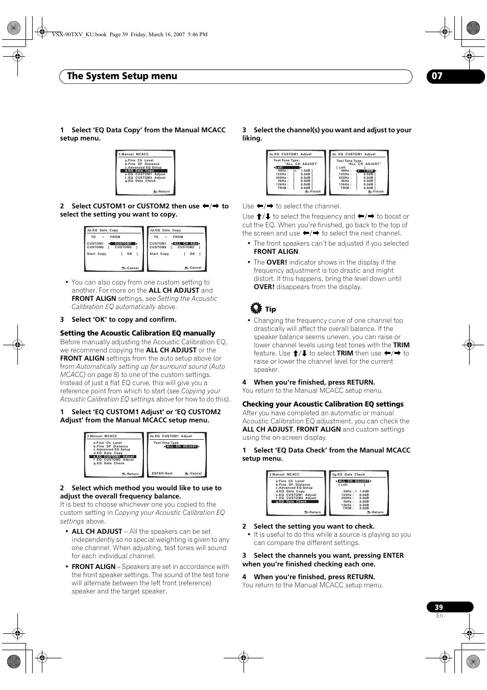 The system setup menu 07, Setting the acoustic calibration eq manually, Checking your acoustic calibration eq settings | Pioneer Elite VSX-90TXV User Manual | Page 39 / 78