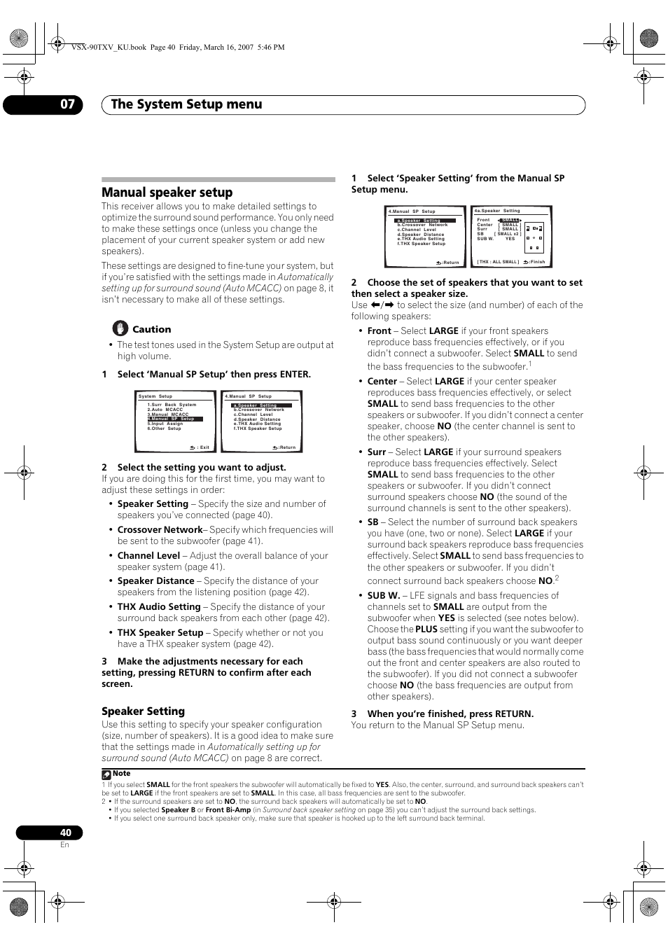 Manual speaker setup, Speaker setting, The system setup menu 07 | Pioneer Elite VSX-90TXV User Manual | Page 40 / 78