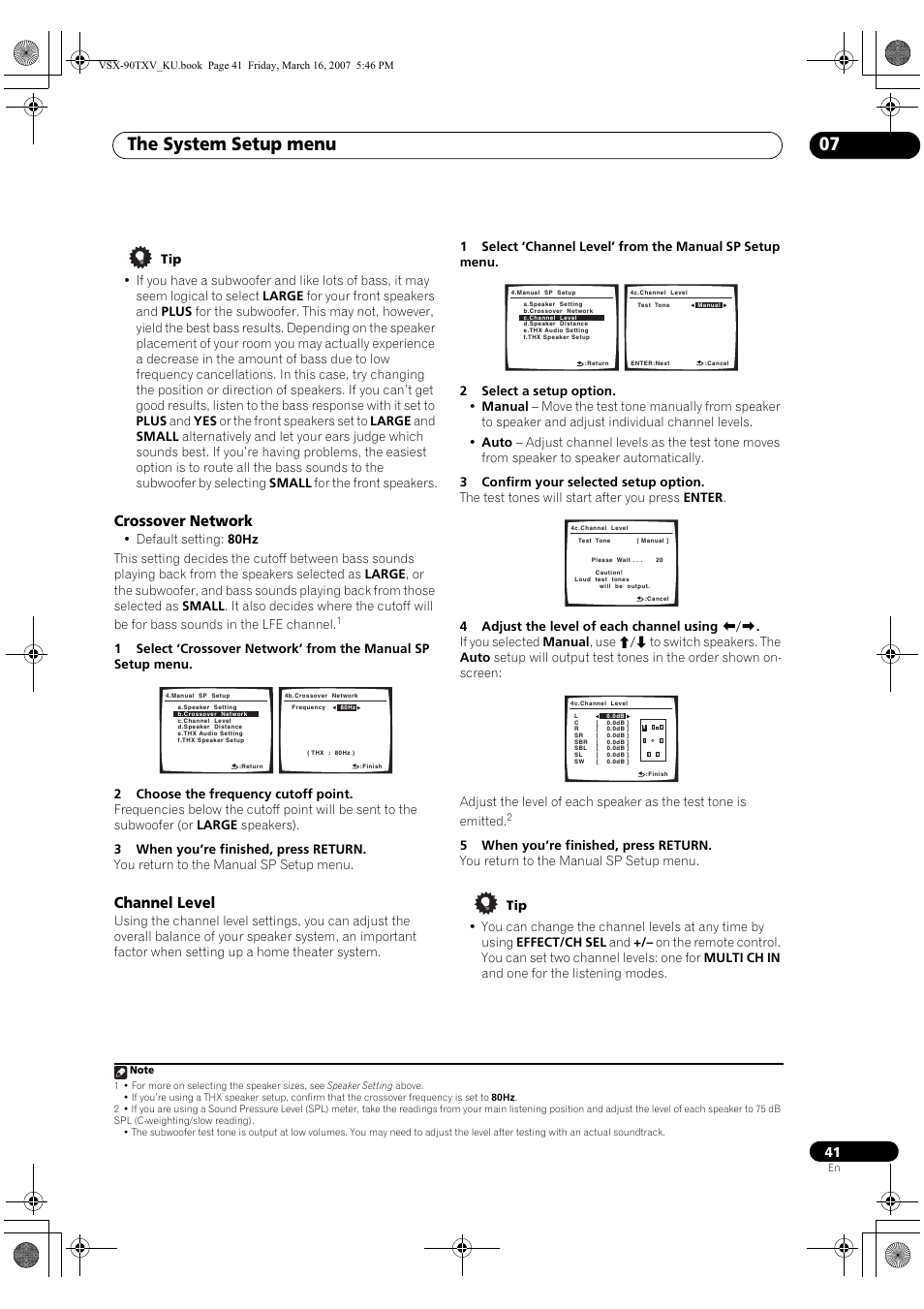 Crossover network channel level, The system setup menu 07, Crossover network | Channel level | Pioneer Elite VSX-90TXV User Manual | Page 41 / 78