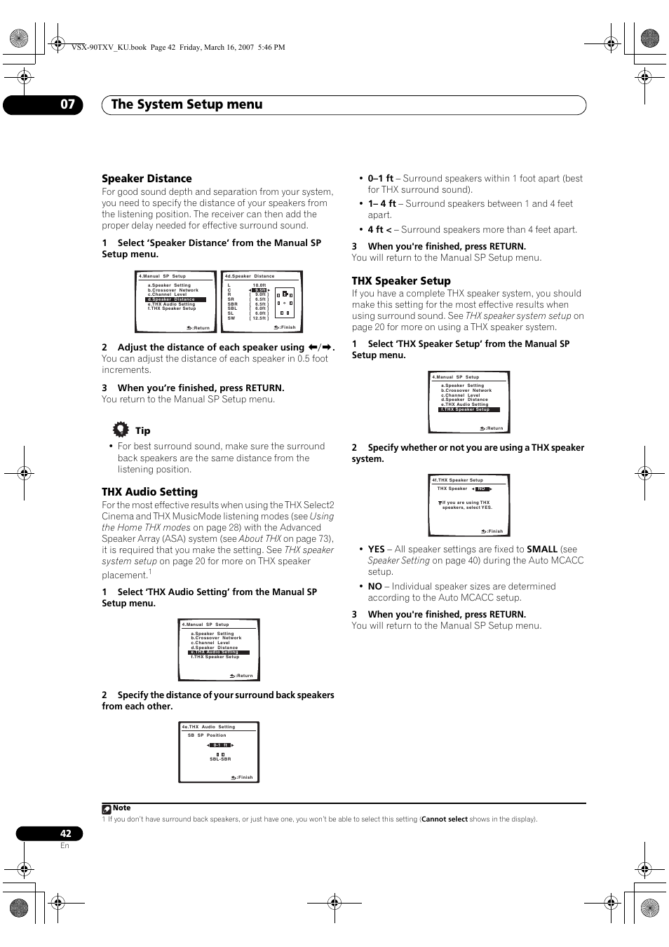 The system setup menu 07, Speaker distance, Thx audio setting | Thx speaker setup | Pioneer Elite VSX-90TXV User Manual | Page 42 / 78