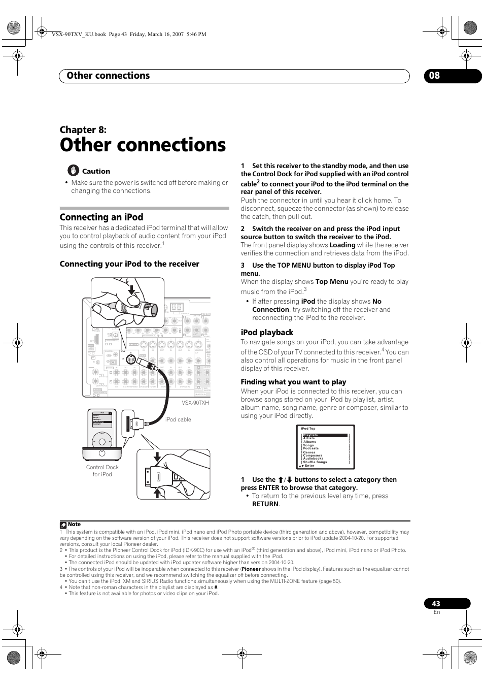 08 other connections, Connecting an ipod, Connecting your ipod to the receiver ipod playback | Other connections, Other connections 08, Chapter 8, Connecting your ipod to the receiver, Ipod playback, Finding what you want to play, Vsx-90txh | Pioneer Elite VSX-90TXV User Manual | Page 43 / 78