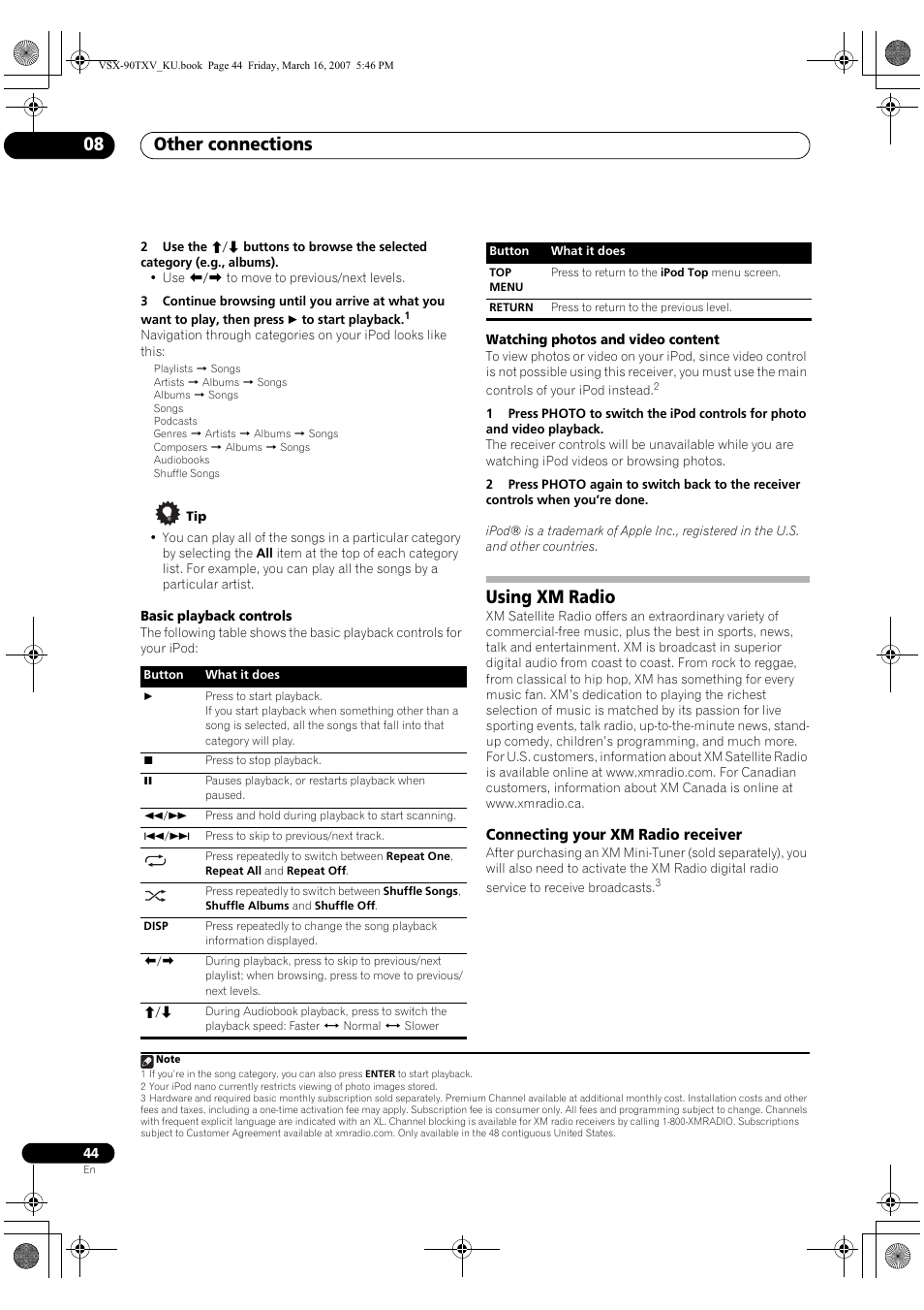 Using xm radio, Connecting your xm radio receiver, Other connections 08 | Pioneer Elite VSX-90TXV User Manual | Page 44 / 78