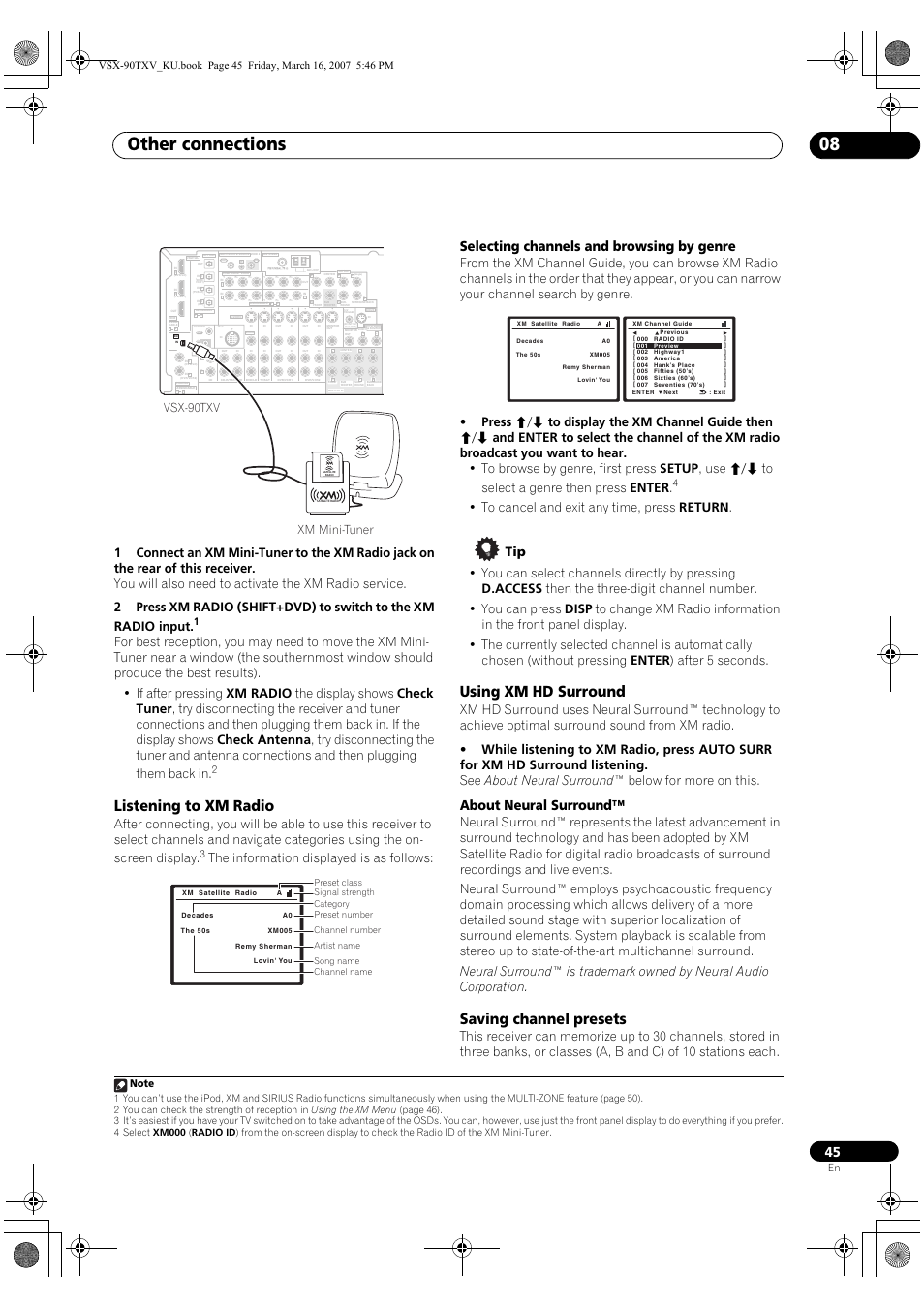 Other connections 08, Listening to xm radio, Using xm hd surround | Saving channel presets, Selecting channels and browsing by genre, About neural surround, The information displayed is as follows, Xm mini-tuner, Vsx-90txv | Pioneer Elite VSX-90TXV User Manual | Page 45 / 78