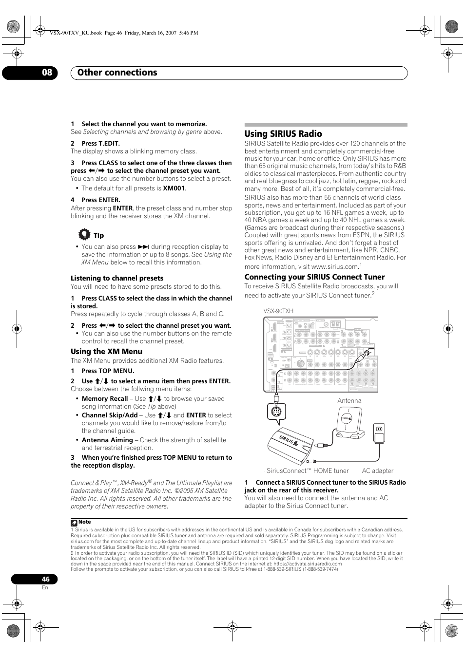 Using the xm menu, Using sirius radio, Connecting your sirius connect tuner | Other connections 08, Listening to channel presets, Siriusconnect™ home tuner antenna ac adapter, Vsx-90txh | Pioneer Elite VSX-90TXV User Manual | Page 46 / 78