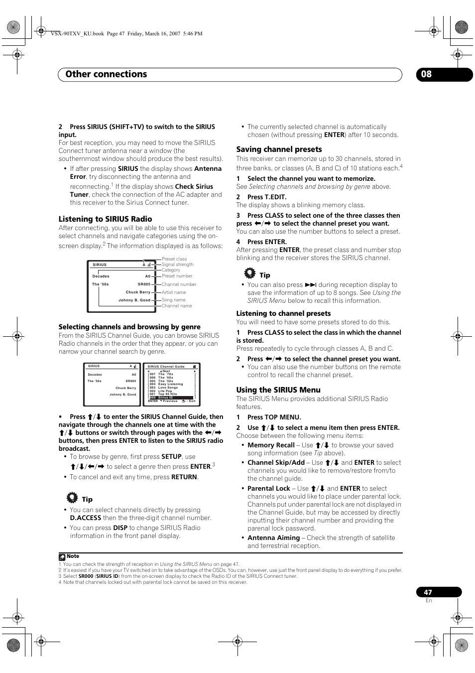 Other connections 08, Listening to sirius radio, Saving channel presets | Using the sirius menu | Pioneer Elite VSX-90TXV User Manual | Page 47 / 78