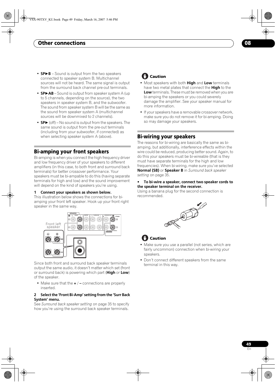 Other connections 08, Bi-amping your front speakers, Bi-wiring your speakers | Pioneer Elite VSX-90TXV User Manual | Page 49 / 78