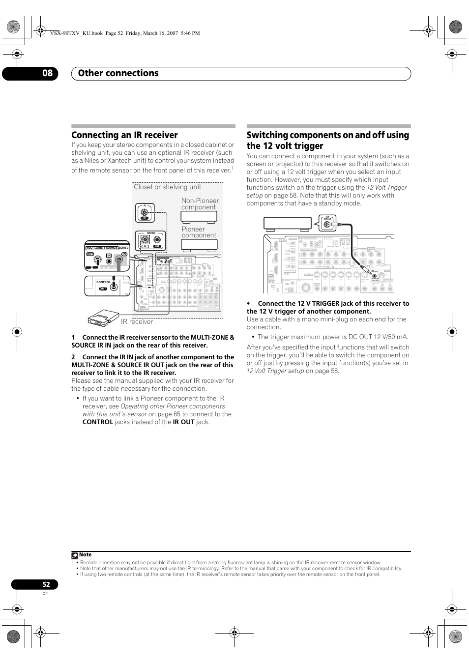 Other connections 08, Connecting an ir receiver, Closet or shelving unit ir receiver (single) | Am loop, Sirius, Non-pioneer component, Pioneer component | Pioneer Elite VSX-90TXV User Manual | Page 52 / 78