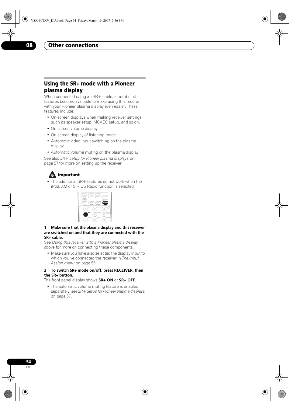 Using the sr+ mode with a pioneer plasma display, Other connections 08 | Pioneer Elite VSX-90TXV User Manual | Page 54 / 78