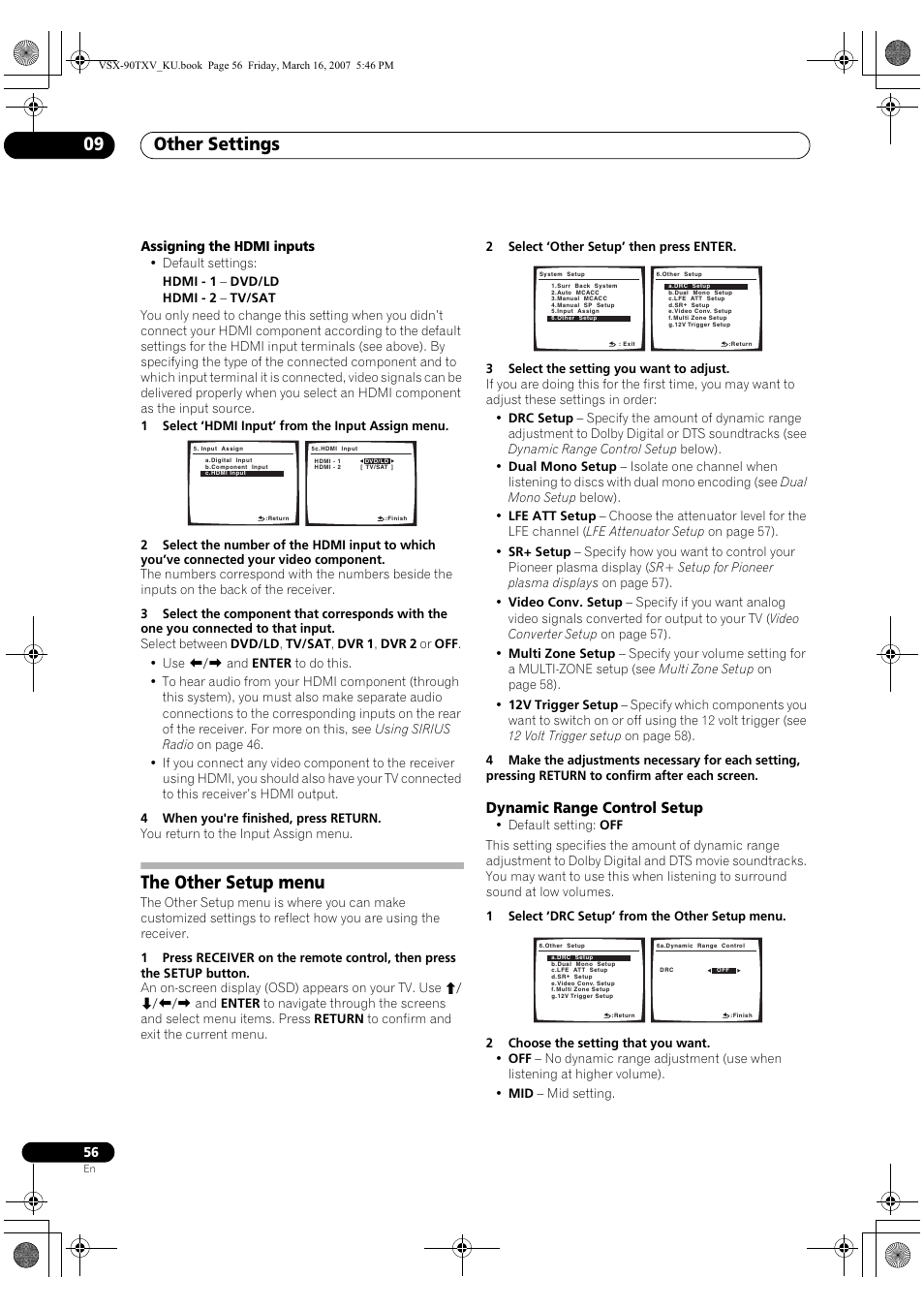 The other setup menu, Dynamic range control setup, Other settings 09 | Pioneer Elite VSX-90TXV User Manual | Page 56 / 78