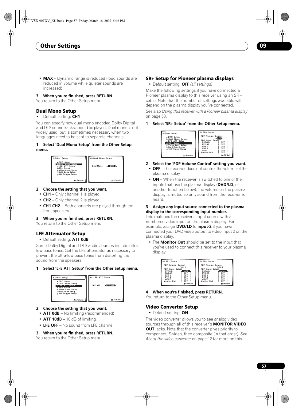 Other settings 09, Dual mono setup, Lfe attenuator setup | Sr+ setup for pioneer plasma displays, Video converter setup | Pioneer Elite VSX-90TXV User Manual | Page 57 / 78