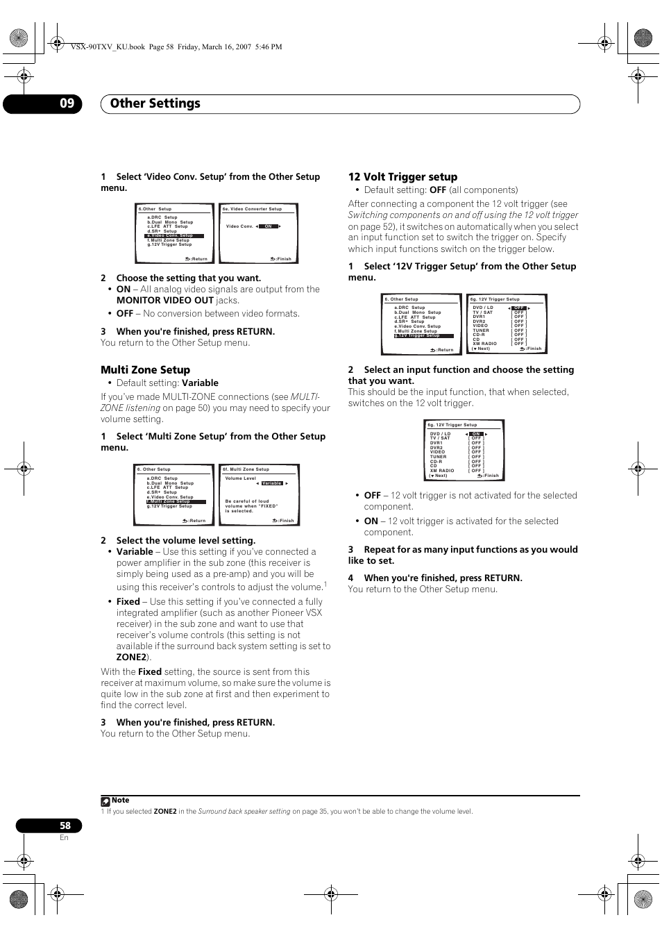 Multi zone setup 12 volt trigger setup, Other settings 09, Multi zone setup | 12 volt trigger setup | Pioneer Elite VSX-90TXV User Manual | Page 58 / 78