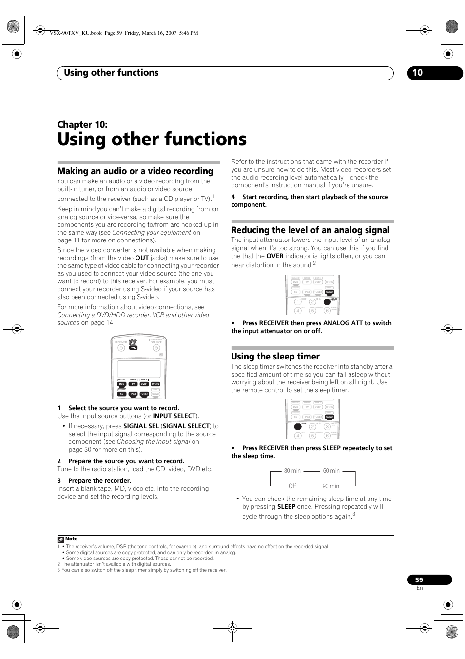 10 using other functions, Using other functions, Using other functions 10 | Chapter 10, Making an audio or a video recording, Reducing the level of an analog signal, Using the sleep timer | Pioneer Elite VSX-90TXV User Manual | Page 59 / 78