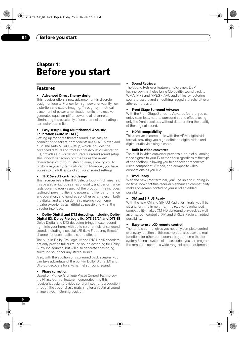 01 before you start, Features, Before you start | Before you start 01, Chapter 1 | Pioneer Elite VSX-90TXV User Manual | Page 6 / 78