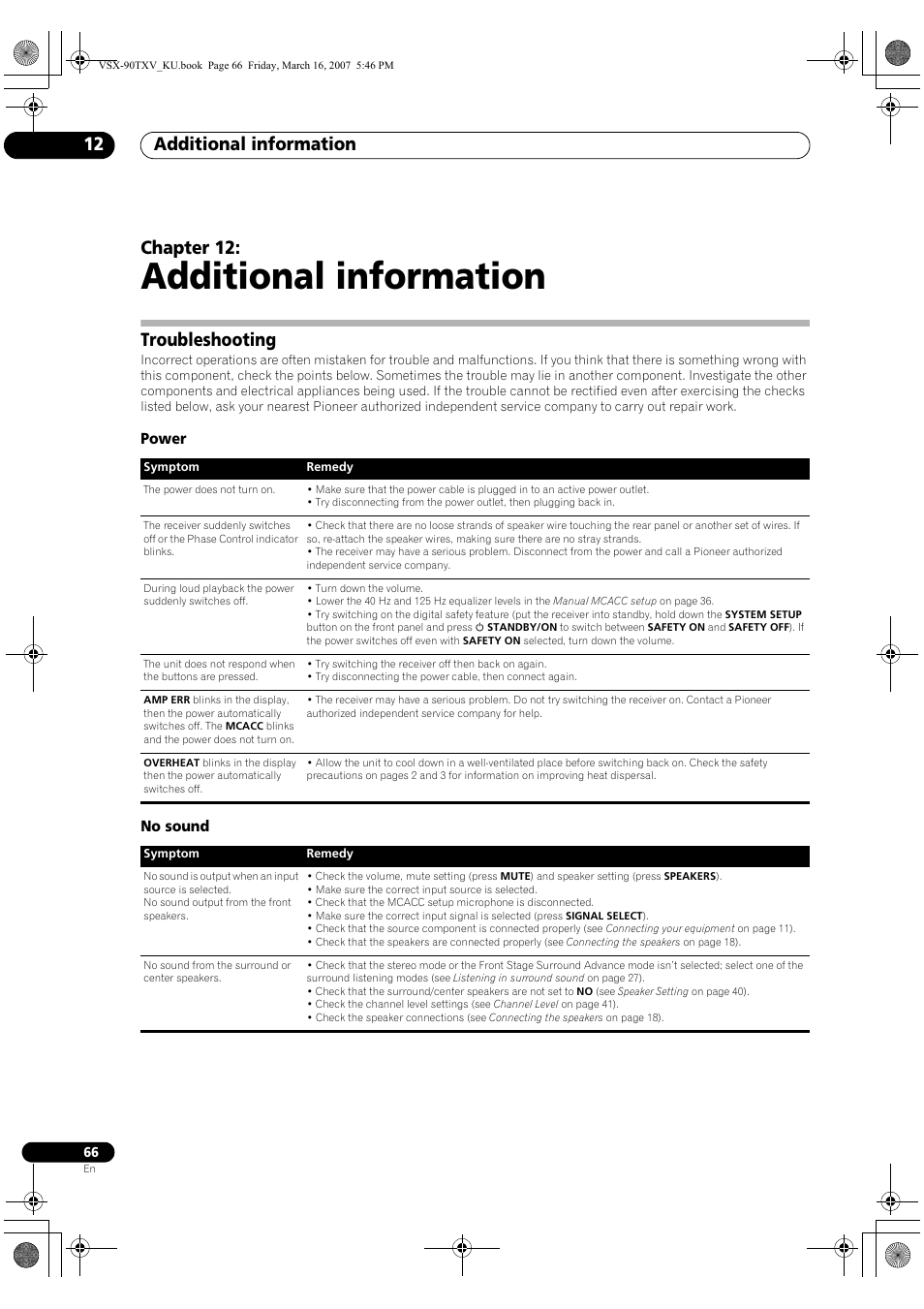 12 additional information, Troubleshooting, Power no sound | Additional information, Additional information 12, Chapter 12 | Pioneer Elite VSX-90TXV User Manual | Page 66 / 78