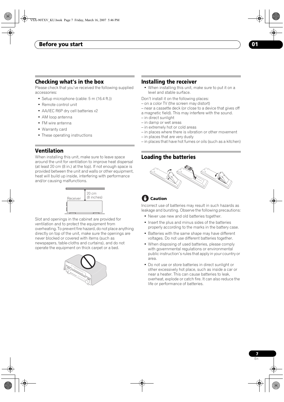 Before you start 01, Checking what’s in the box, Ventilation | Installing the receiver, Loading the batteries | Pioneer Elite VSX-90TXV User Manual | Page 7 / 78