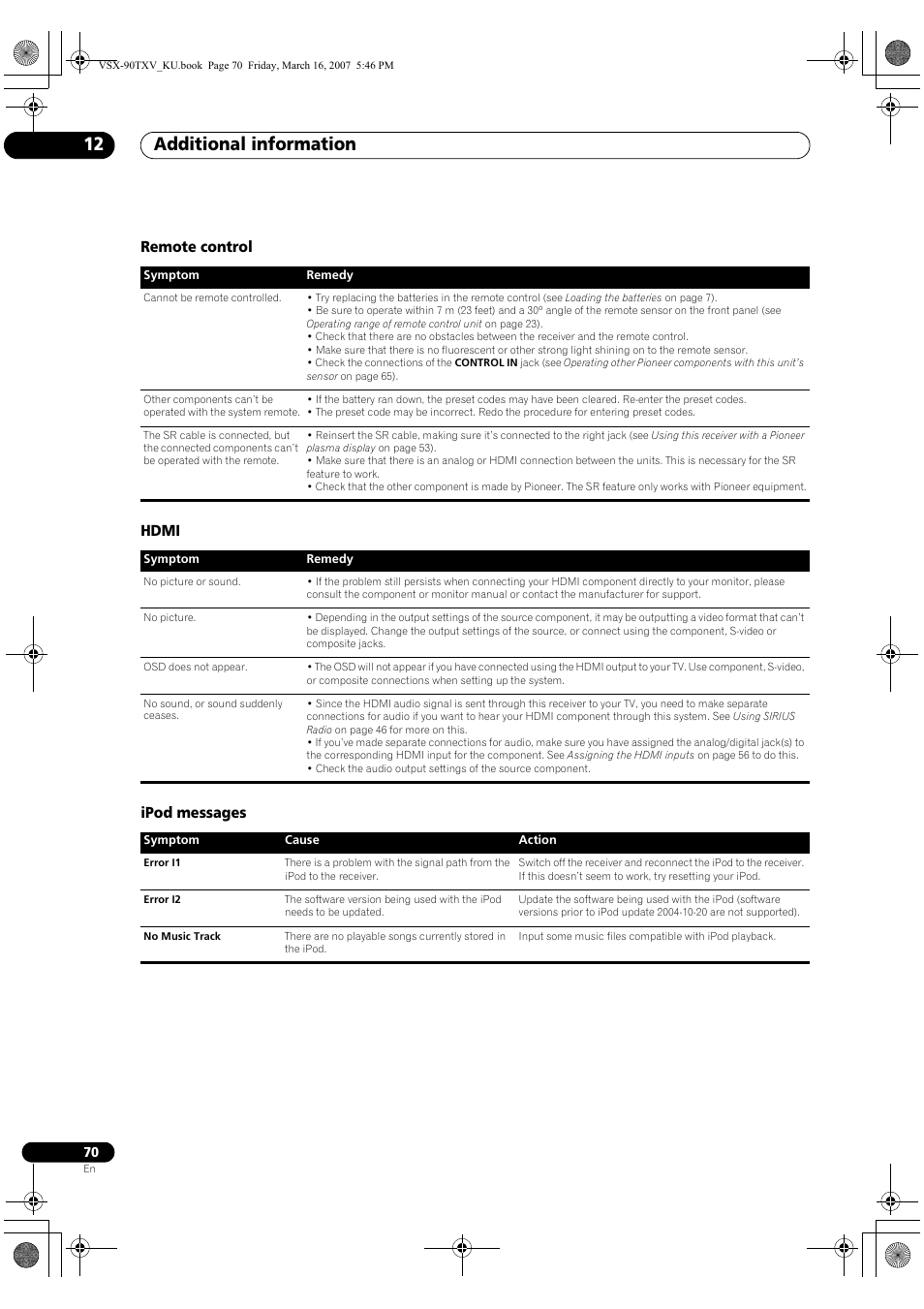 Remote control hdmi ipod messages, Additional information 12 | Pioneer Elite VSX-90TXV User Manual | Page 70 / 78