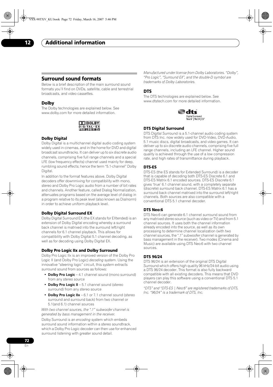 Surround sound formats, Dolby dts, Additional information 12 | Pioneer Elite VSX-90TXV User Manual | Page 72 / 78