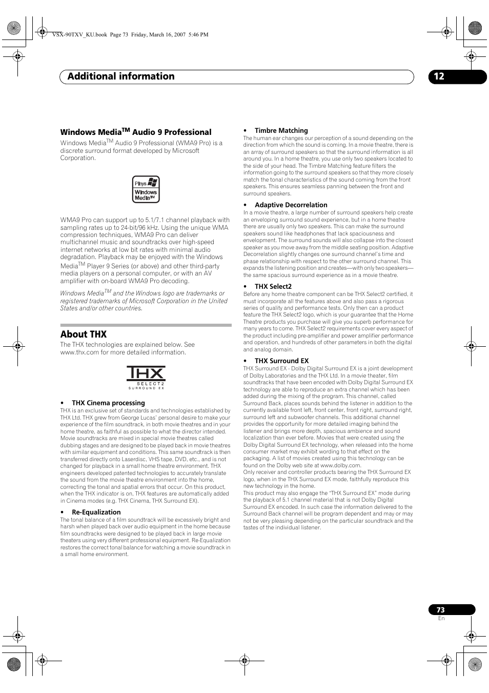 Windows media, Audio 9 professional, About thx | Additional information 12 | Pioneer Elite VSX-90TXV User Manual | Page 73 / 78