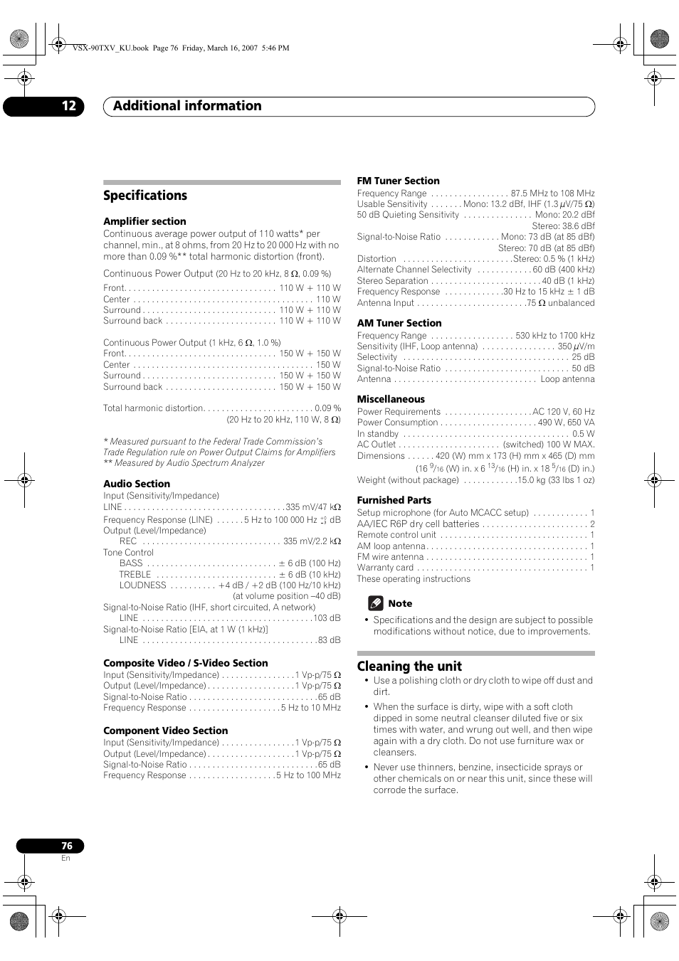 Specifications cleaning the unit, Additional information 12, Specifications | Cleaning the unit | Pioneer Elite VSX-90TXV User Manual | Page 76 / 78