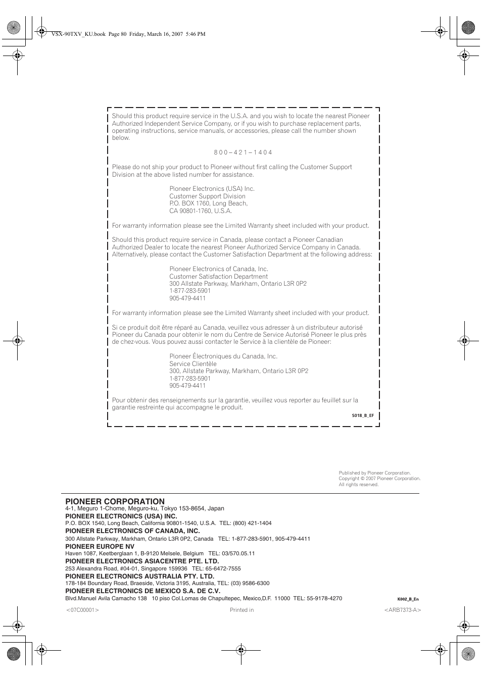 Pioneer corporation | Pioneer Elite VSX-90TXV User Manual | Page 78 / 78