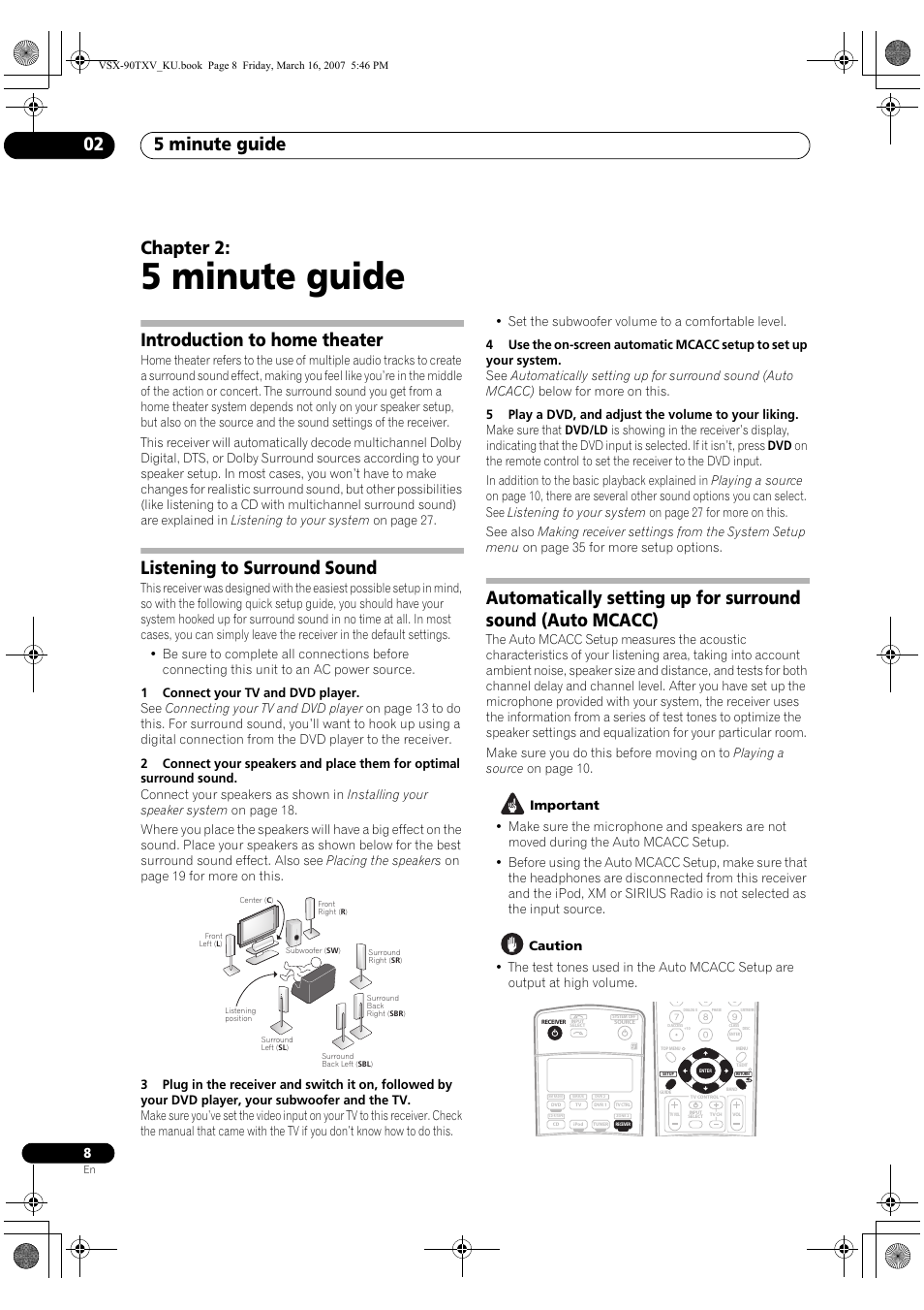 02 5 minute guide, 5 minute guide, 5 minute guide 02 | Chapter 2, Introduction to home theater, Listening to surround sound | Pioneer Elite VSX-90TXV User Manual | Page 8 / 78