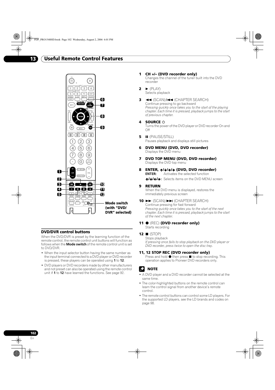 Dvd/dvr control buttons, Useful remote control features 13 | Pioneer PRO-940HD User Manual | Page 102 / 120