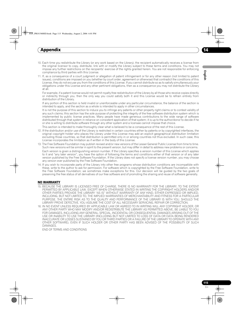 Appendix 14 | Pioneer PRO-940HD User Manual | Page 115 / 120