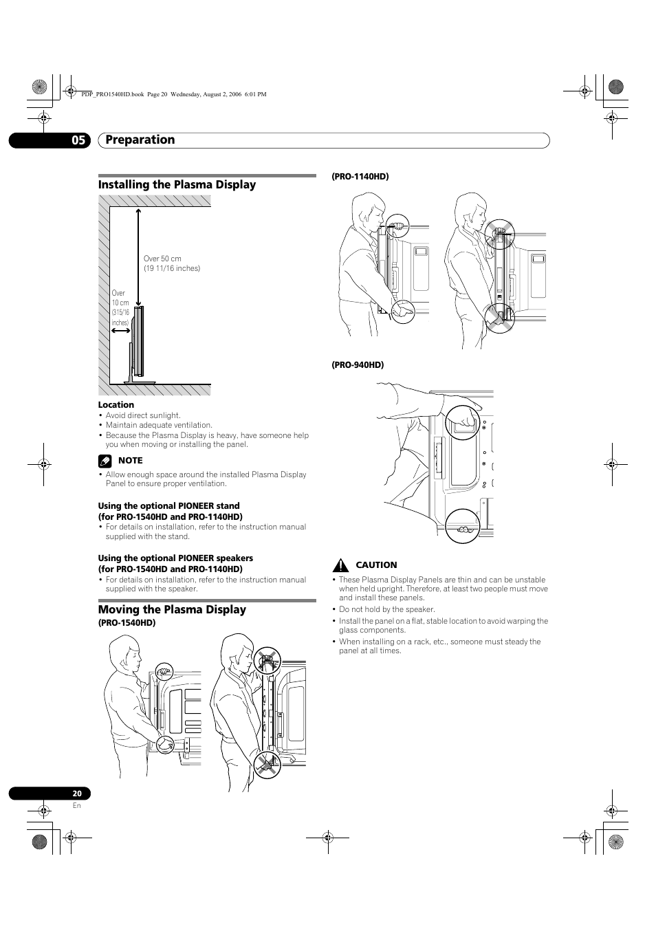 05 preparation, Preparation 05 preparation, Installing the plasma display | Moving the plasma display | Pioneer PRO-940HD User Manual | Page 20 / 120