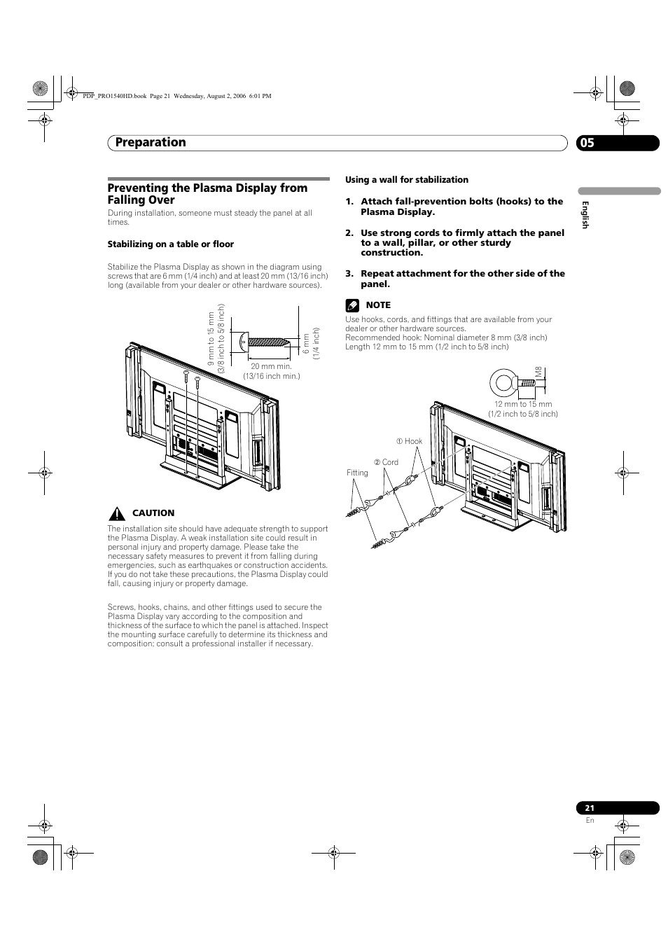 Preventing the plasma display from falling over, Preparation 05 | Pioneer PRO-940HD User Manual | Page 21 / 120