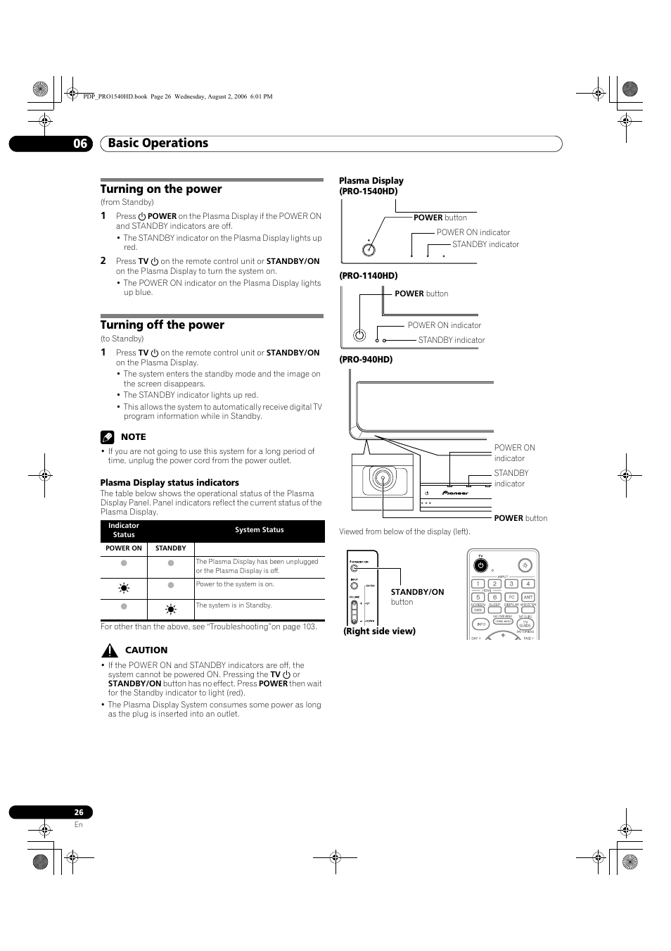 06 basic operations, Turning on the power turning off the power, Basic operations 06 basic operations | Turning on the power, Turning off the power | Pioneer PRO-940HD User Manual | Page 26 / 120