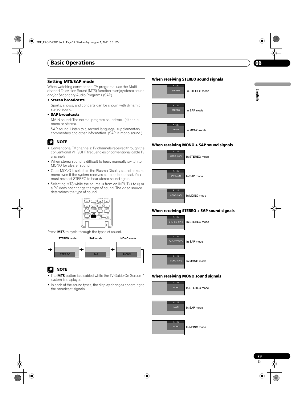 Setting mts/sap mode, Basic operations 06 | Pioneer PRO-940HD User Manual | Page 29 / 120