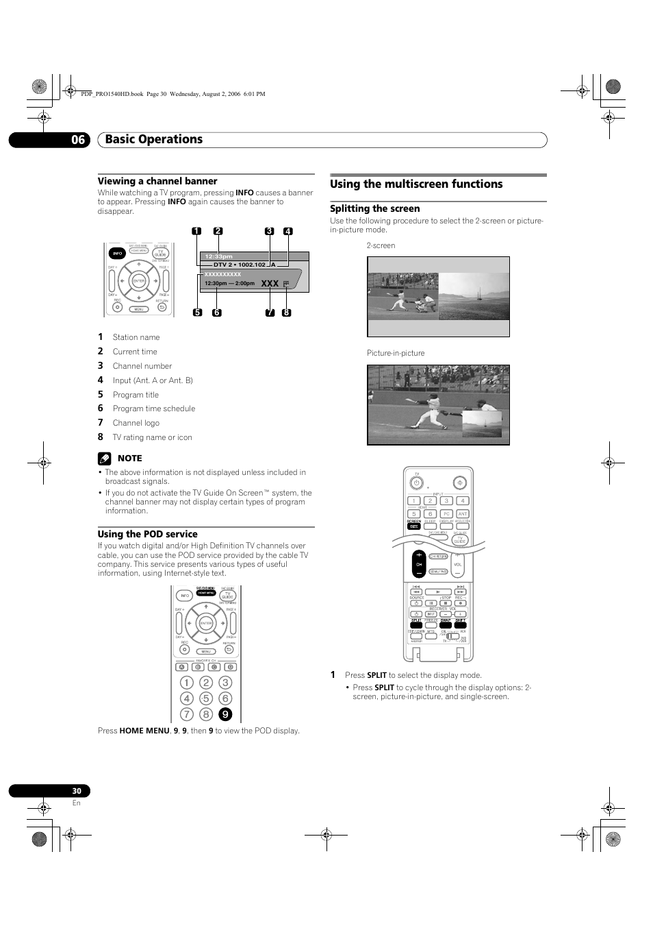Viewing a channel banner, Using the pod service, Using the multiscreen functions | Splitting the screen, Basic operations 06 | Pioneer PRO-940HD User Manual | Page 30 / 120