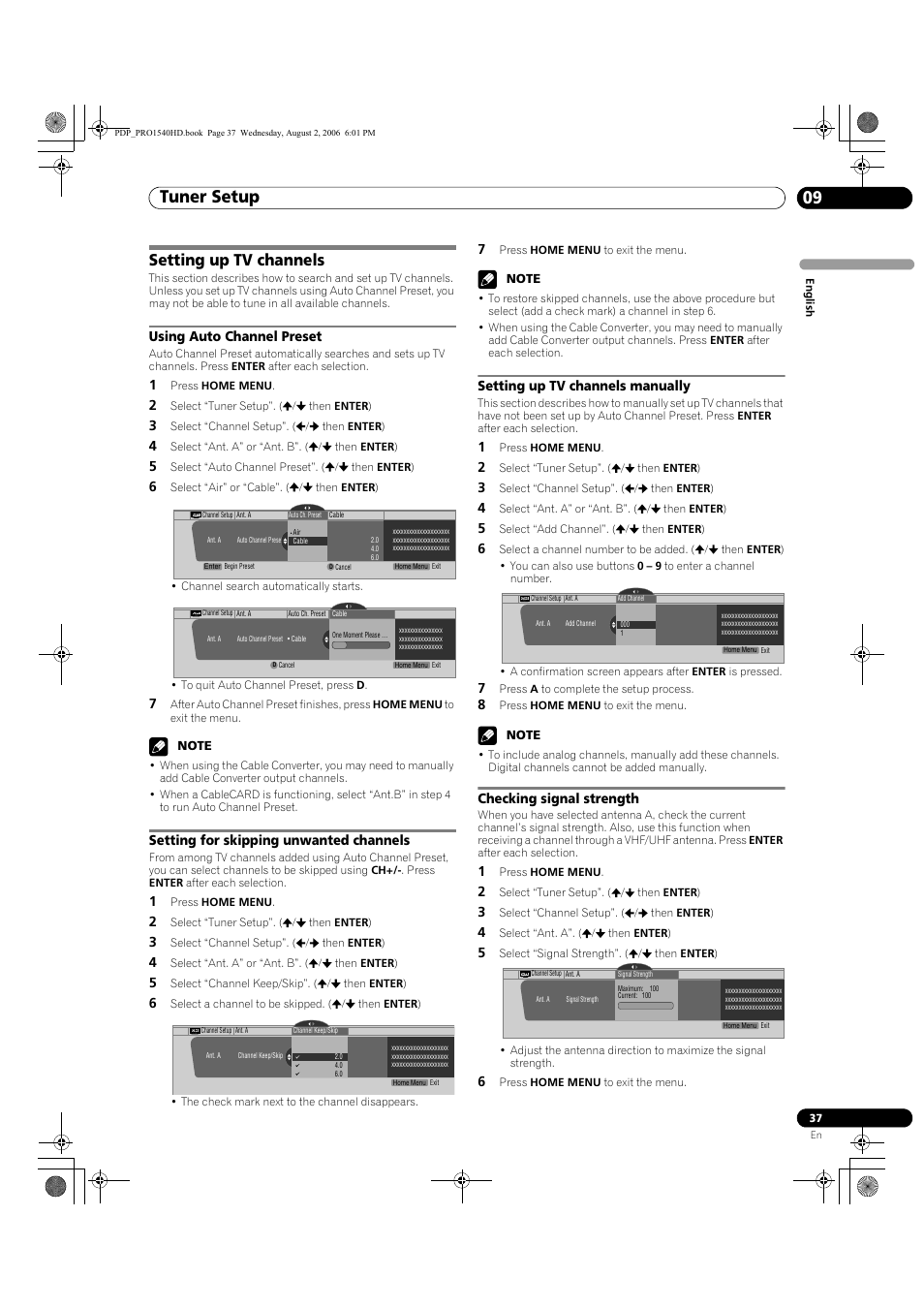 09 tuner setup, Setting up tv channels, Tuner setup 09 | Tuner setup, Using auto channel preset, Setting for skipping unwanted channels, Setting up tv channels manually, Checking signal strength | Pioneer PRO-940HD User Manual | Page 37 / 120