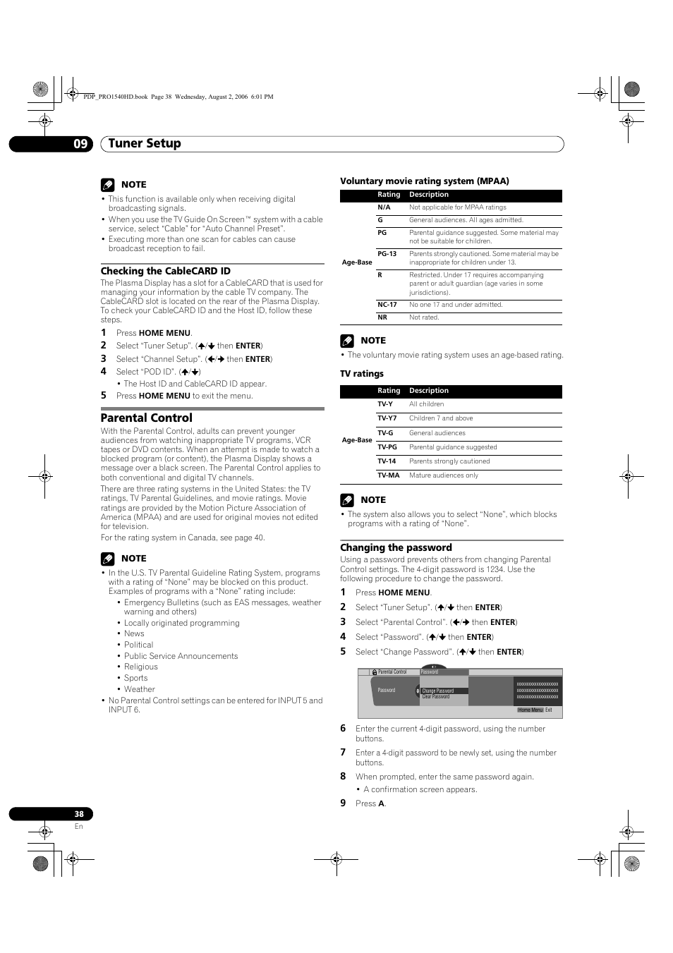 Checking the cablecard id, Parental control, Changing the password | Tuner setup 09 | Pioneer PRO-940HD User Manual | Page 38 / 120