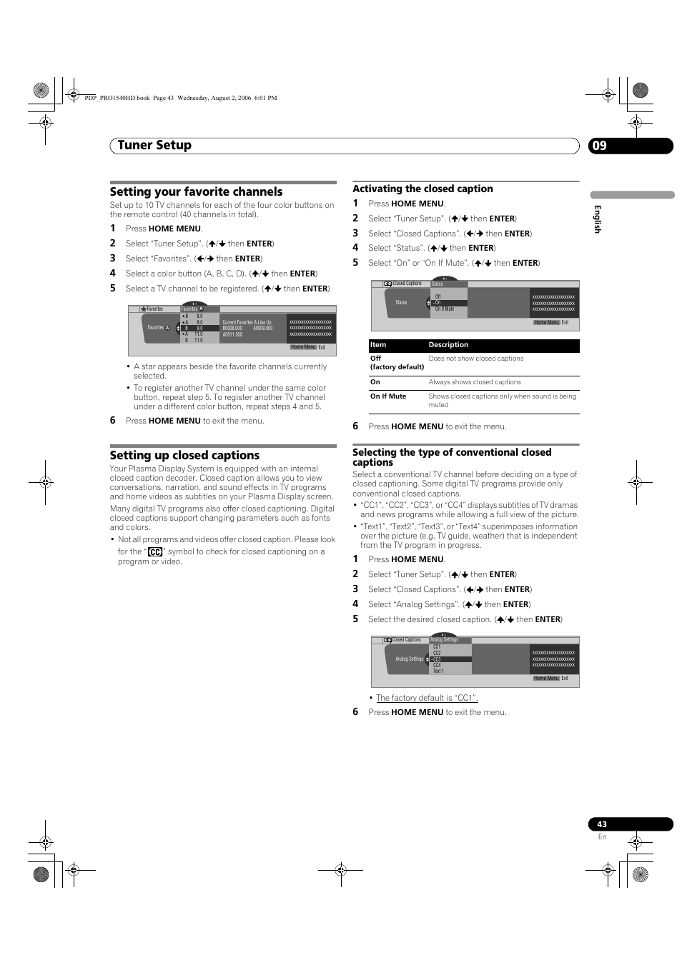 Setting your favorite channels, Setting up closed captions, Tuner setup 09 | Activating the closed caption 1, Selecting the type of conventional closed captions | Pioneer PRO-940HD User Manual | Page 43 / 120
