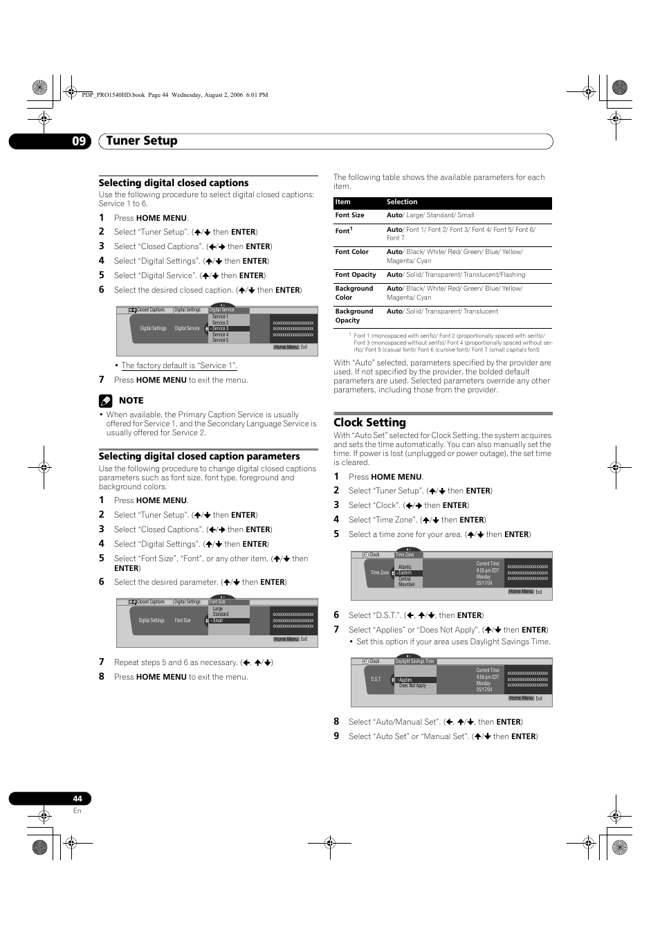Clock setting, Tuner setup 09, Selecting digital closed captions | Selecting digital closed caption parameters | Pioneer PRO-940HD User Manual | Page 44 / 120