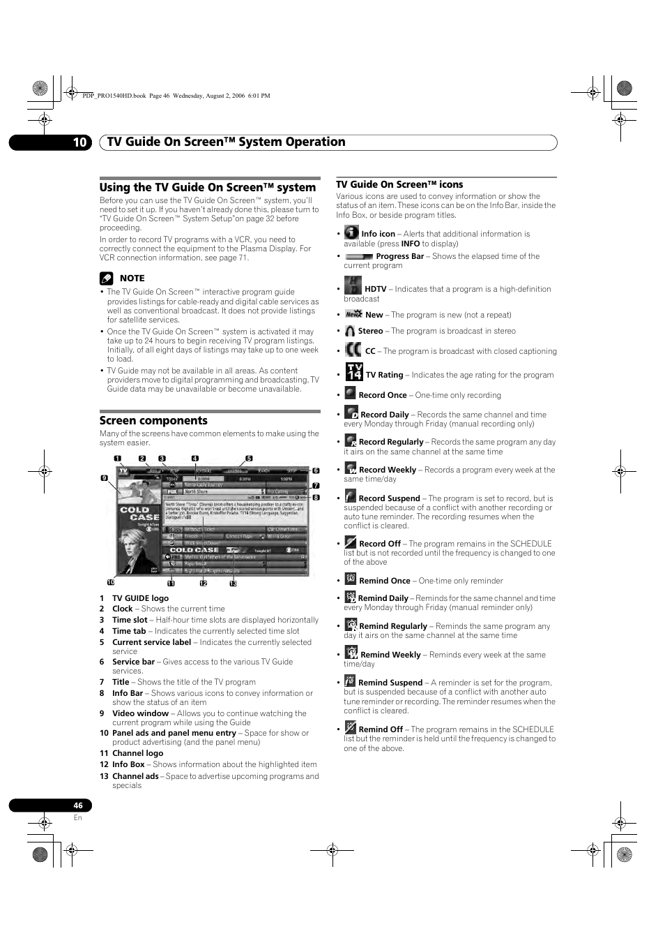 10 tv guide on screen™ system operation, Tv guide on screen™ icons, Using the tv guide on screen™ system | Screen components | Pioneer PRO-940HD User Manual | Page 46 / 120