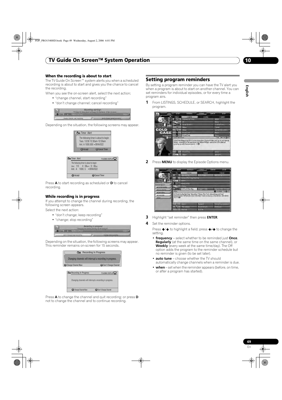 Setting program reminders, Tv guide on screen™ system operation 10, When the recording is about to start | While recording is in progress | Pioneer PRO-940HD User Manual | Page 49 / 120