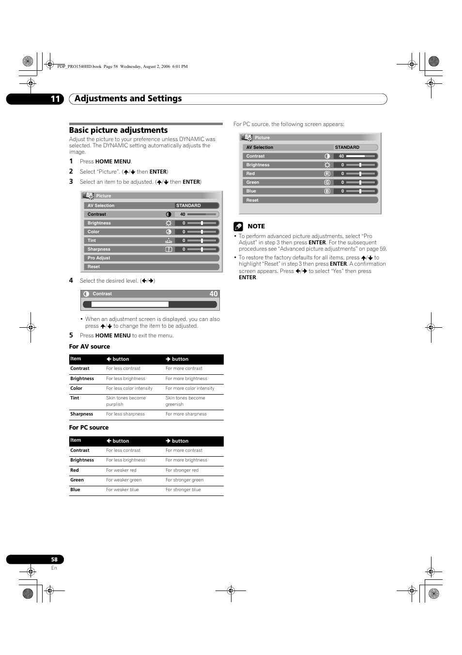 Basic picture adjustments, Adjustments and settings 11 | Pioneer PRO-940HD User Manual | Page 58 / 120