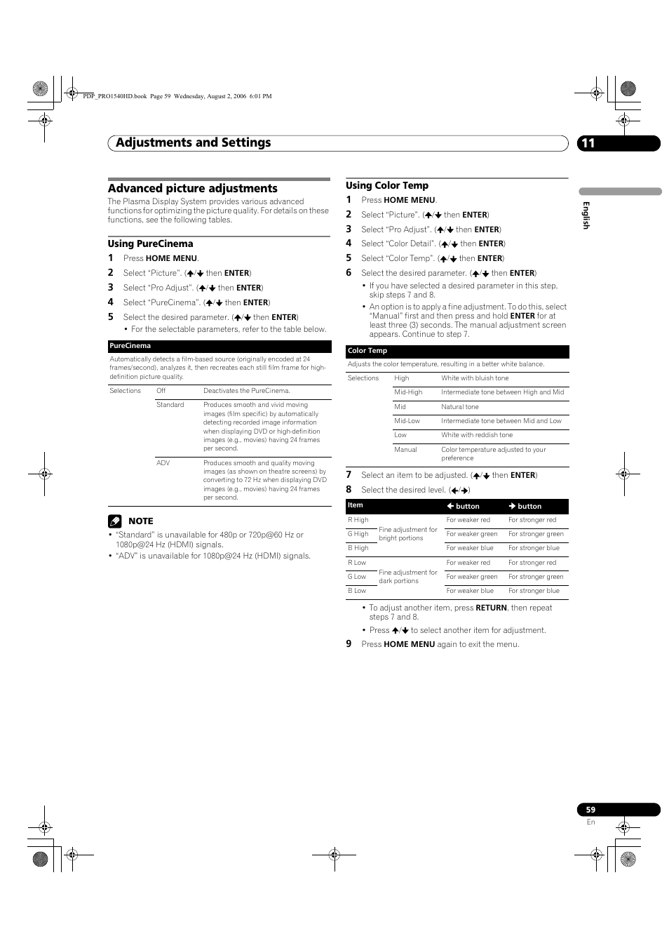 Advanced picture adjustments, Using purecinema using color temp, Adjustments and settings 11 | Pioneer PRO-940HD User Manual | Page 59 / 120