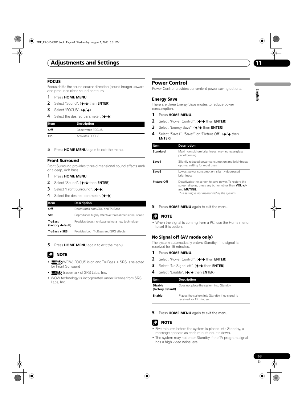 Focus front surround, Power control, Energy save no signal off (av mode only) | Adjustments and settings 11 | Pioneer PRO-940HD User Manual | Page 63 / 120