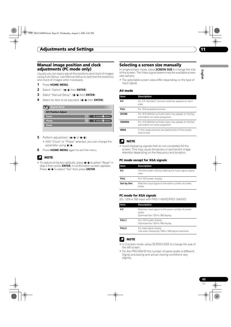 Adjustments and settings 11, Selecting a screen size manually | Pioneer PRO-940HD User Manual | Page 65 / 120